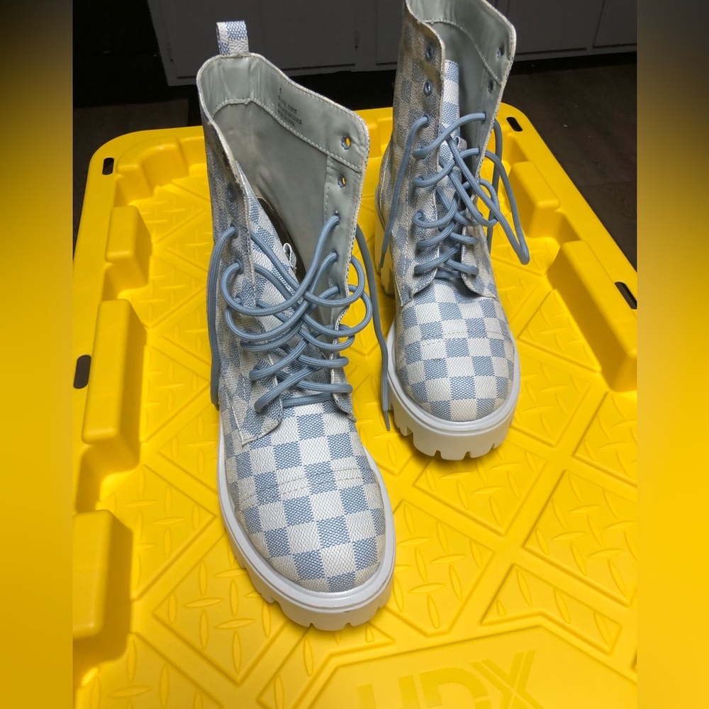 Checkered Blue and White Boots